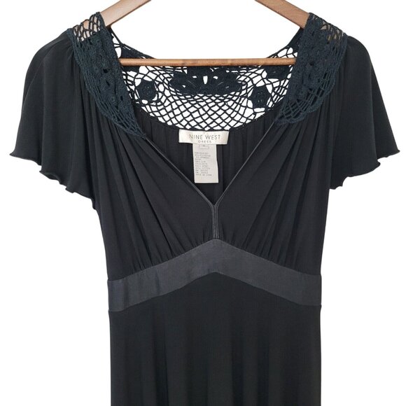 Nine West V-Neck Dress Womens Size 6 Black Cochet Tie Waist Witchy Whimsigoth - Picture 3 of 8